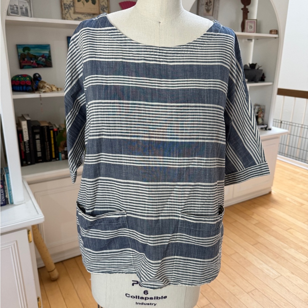 Zara Navy and White Striped Blouse